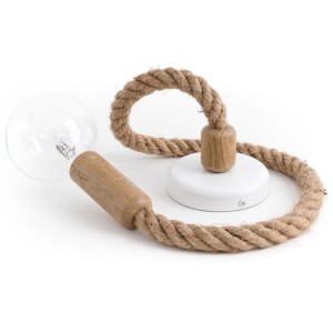 Loft Ari dębowa lampa wisząca z liną konopną, biała podsufitka KOLOROWE KABLE