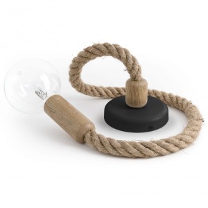 Loft Ari dębowa lampa wisząca z liną konopną, czarna podsufitka KOLOROWE KABLE