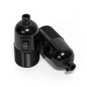 Oprawka żarówki gwint E27 bakelitowa czarna z włącznikiem kołyskowym, możliwość montażu pierścienia Kolorowe Kable