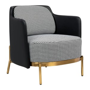 Fotel Venice Tkanina Pepitka Biało - Czarna Ekoskóra Czarna - Złota Podstawa