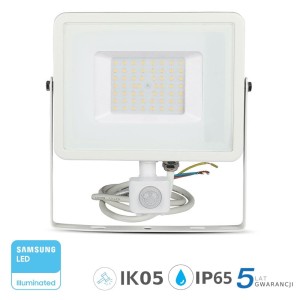 Projektor LED V-TAC 50W SAMSUNG CHIP Czujnik Ruchu Funkcja Cut-OFF Biały VT-50-S 4000K 4000lm 5 Lat Gwarancji